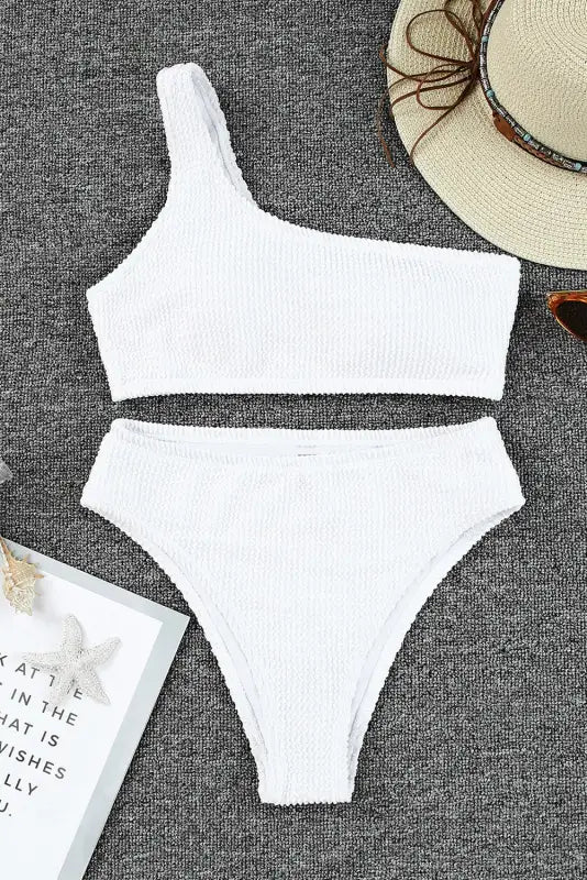 White crinkle textured asymmetric one shoulder bikini swimsuit - bikinis