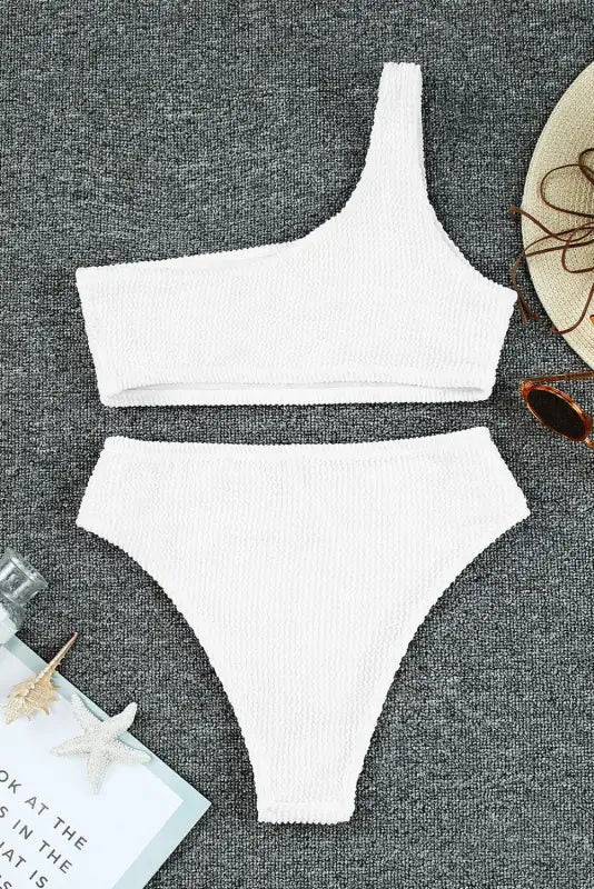 White crinkle textured asymmetric one shoulder bikini swimsuit - bikinis