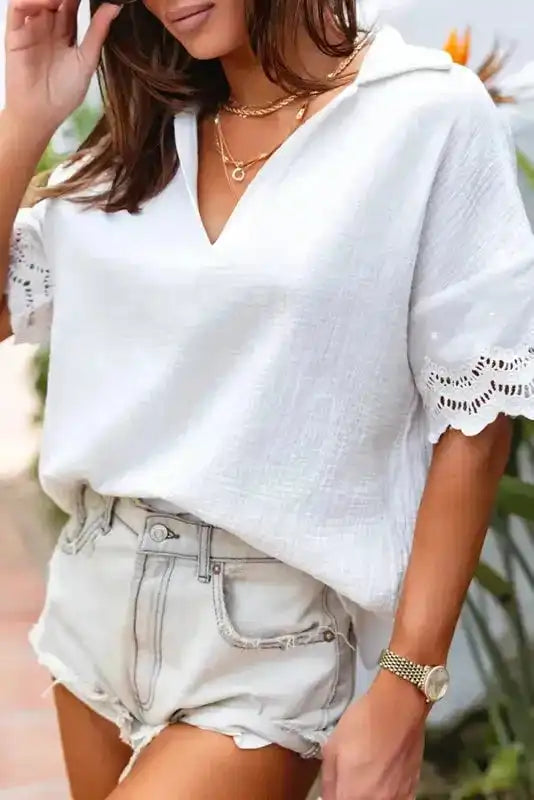 White Crinkled Lace Blouse - Fashionfitz