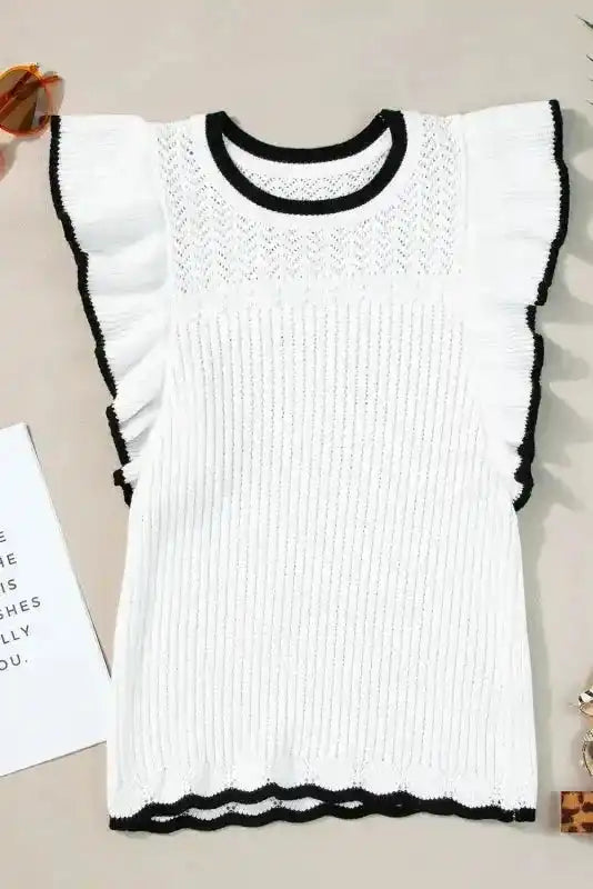 White Crochet Eyelet Flounce Tank Top - Fashionfitz