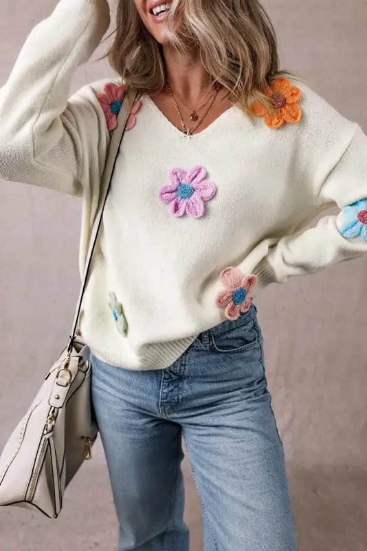 White crochet flower v-neck jumper | women’s jumpers