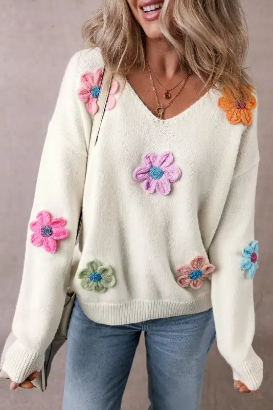 White crochet flower v-neck jumper | women’s jumpers