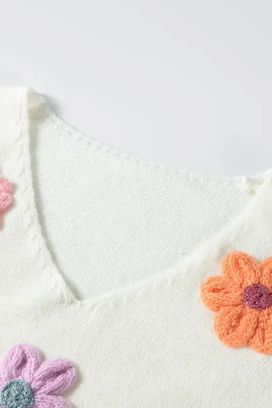 White crochet flower v-neck jumper | women’s jumpers