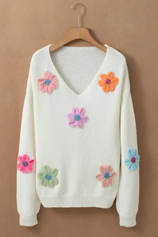 White crochet flower v-neck jumper | women’s jumpers