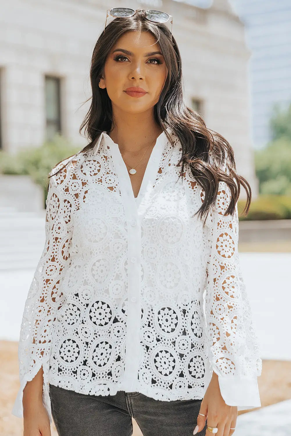 White crochet lace hollow-out turn-down collar shirt - s / 95% polyester + 5% elastane - tops