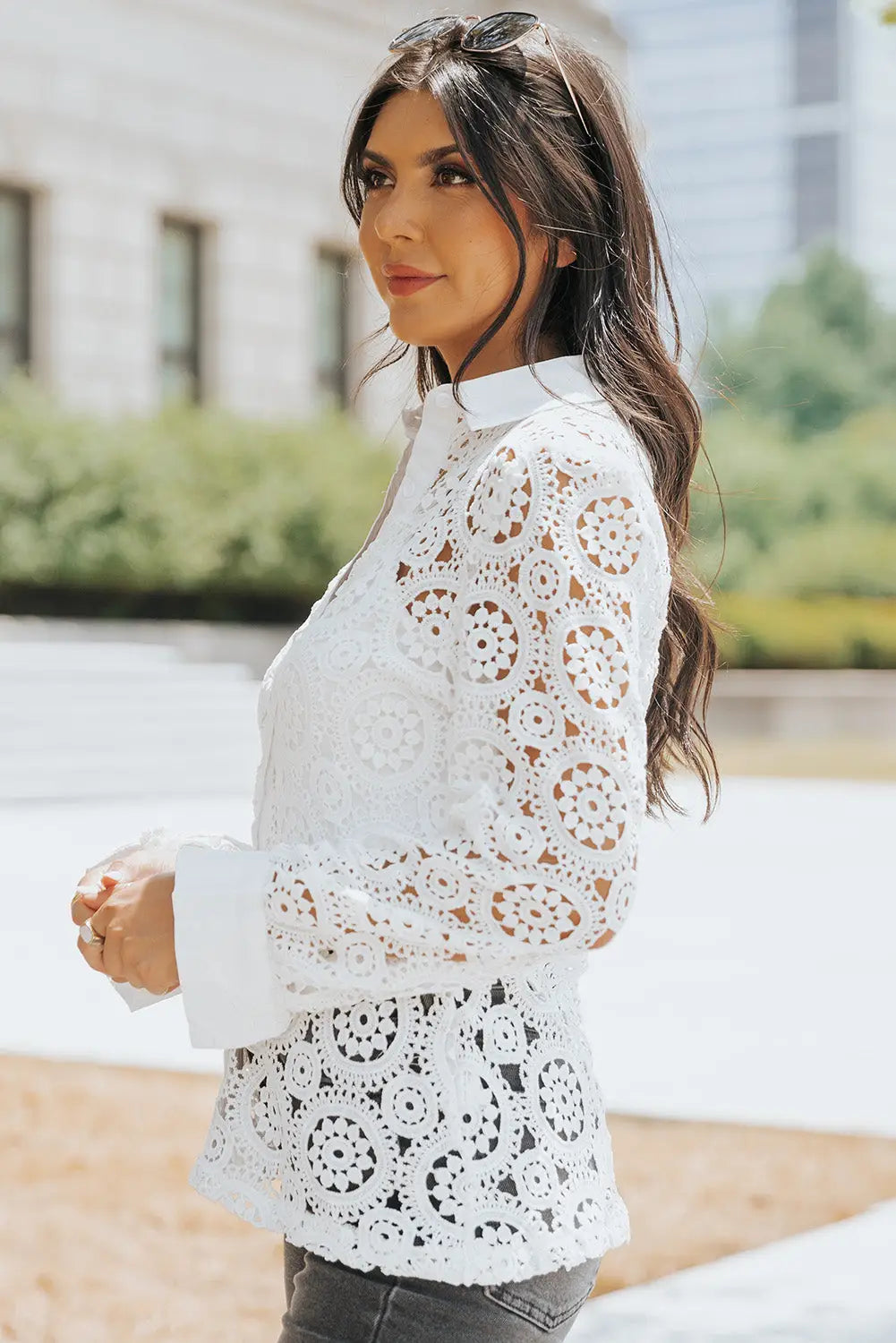 White crochet lace hollow-out turn-down collar shirt - tops