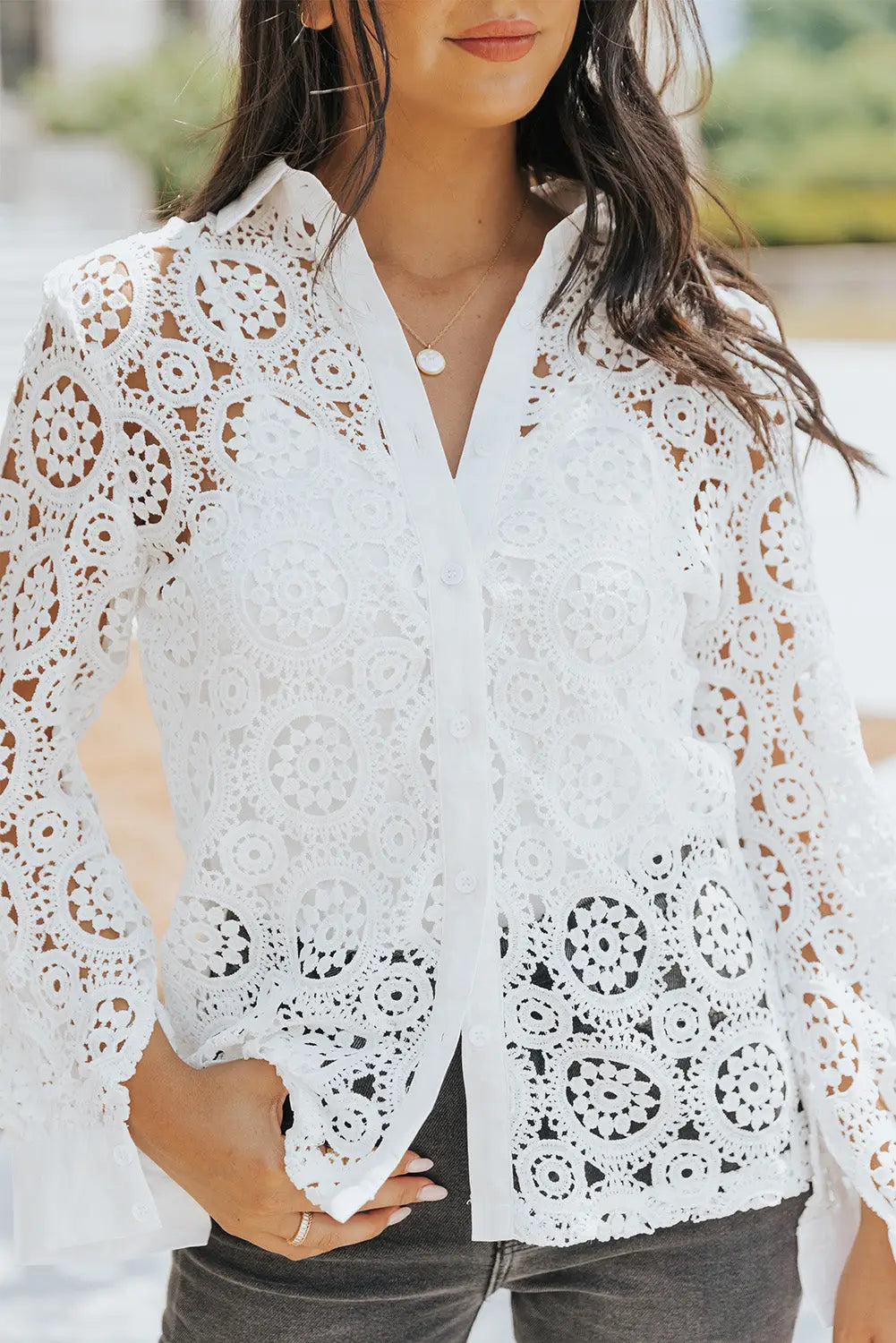 White crochet lace hollow-out turn-down collar shirt - tops