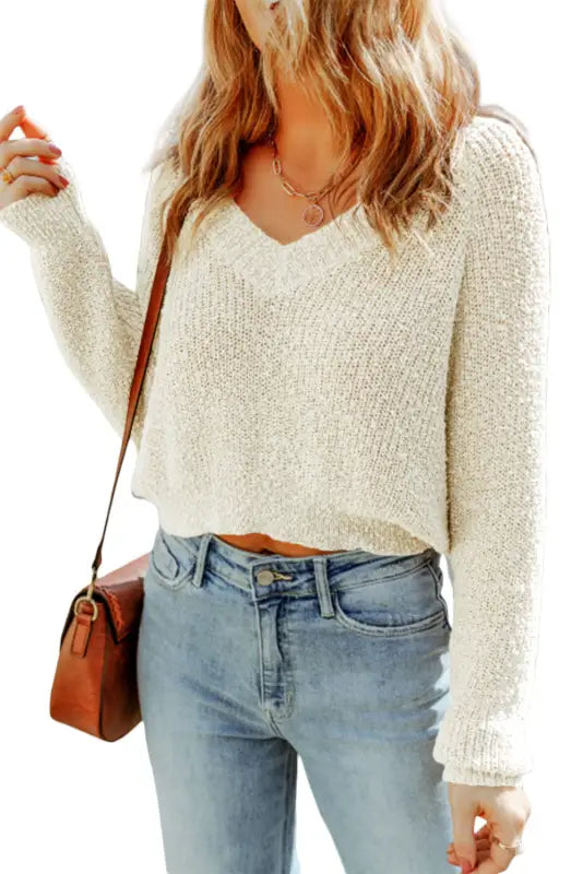 White cropped v neck fuzzy sweater - sweaters & cardigans