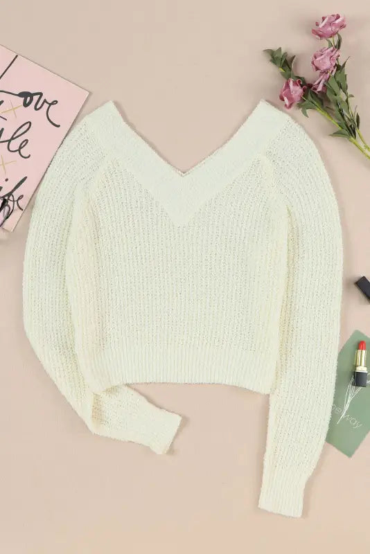 White cropped v neck fuzzy sweater - sweaters & cardigans