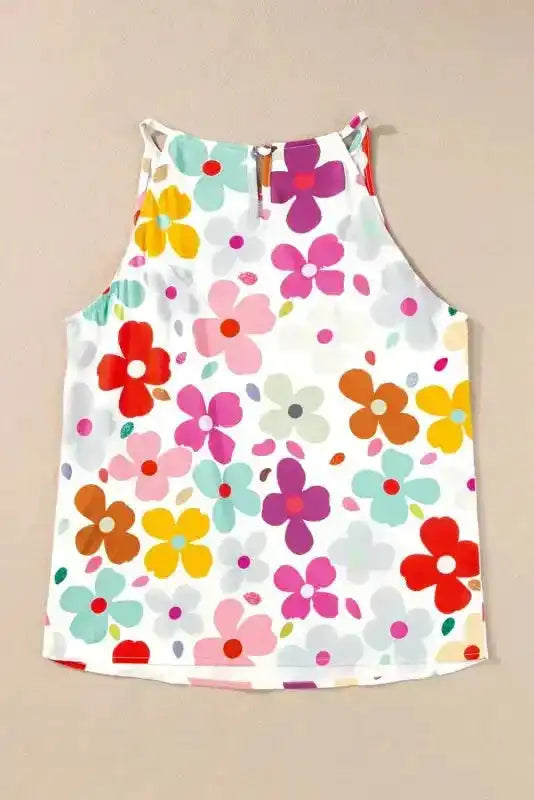 Floral Tank Top Back view of breezy floral tank top showing lightweight fabric and relaxed fit
