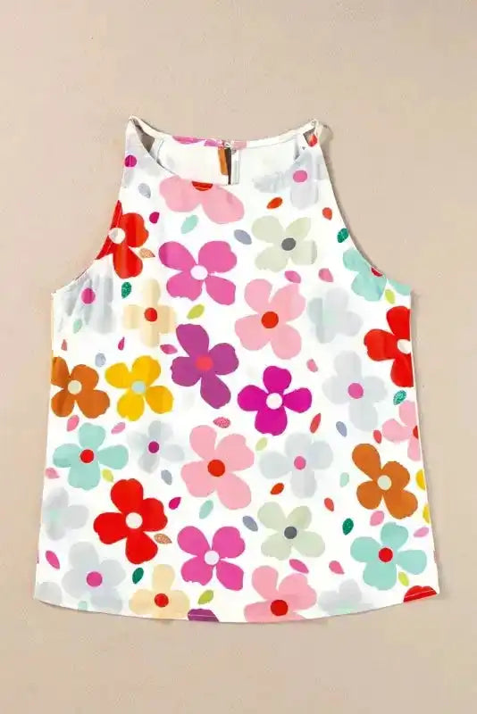 Flat lay of White Floral Halter Tank Top - Fashionfitz