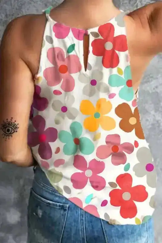Back view of breezy floral tank top showing lightweight fabric and relaxed fit