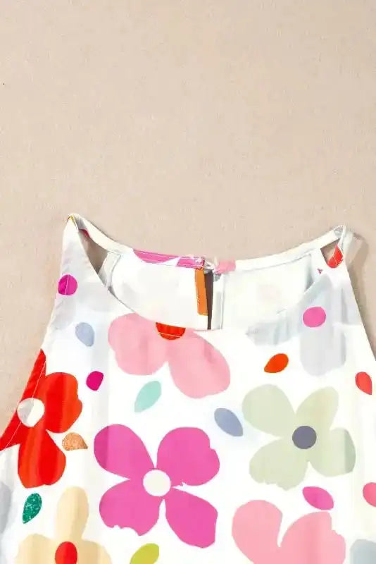 Close-up of halter neckline and shoulder detail on White Floral Tank Top - Fashionfitz