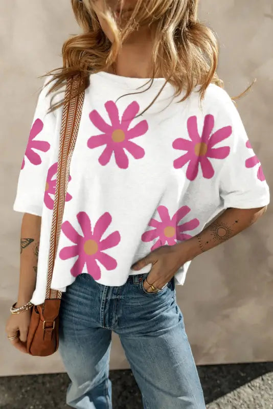 White daisy casual t shirt - s / 75% polyester + 20% cotton + 5% elastane - tops/tops & tees