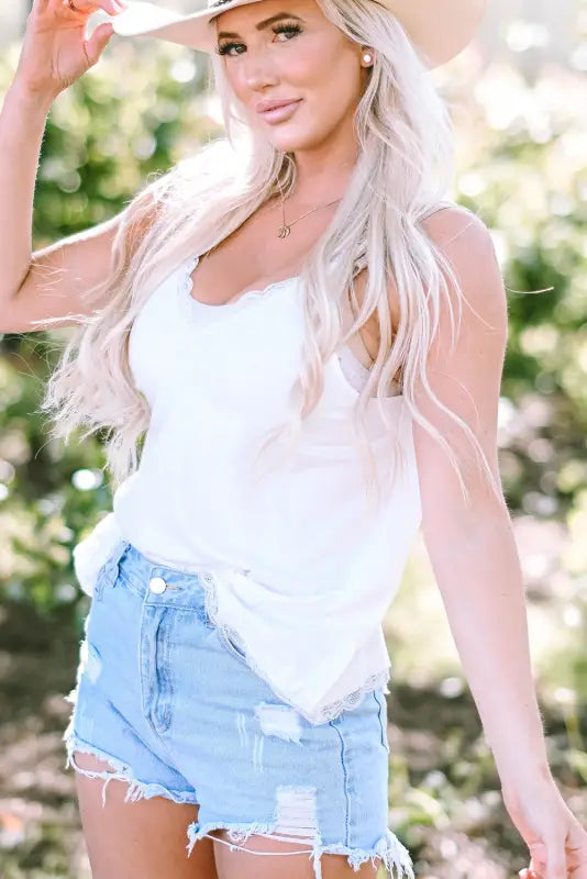 White delicate lace trim flared tank top - tops