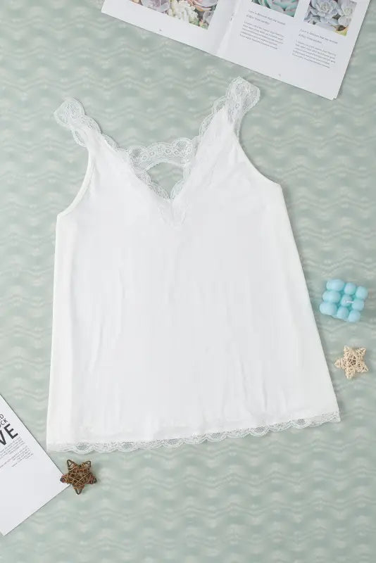 White delicate lace trim flared tank top - tops