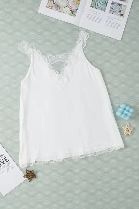 White delicate lace trim flared tank top - tops