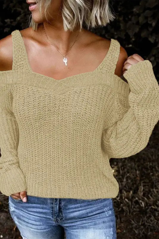 White dew shoulder knitted sweater - sweaters & cardigans