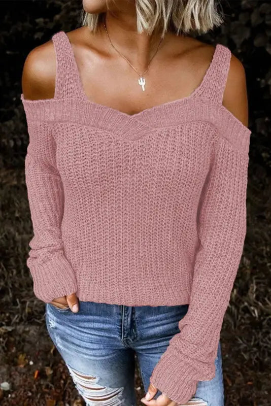 White dew shoulder knitted sweater - pink / s / 55% acrylic + 45% cotton - sweaters & cardigans