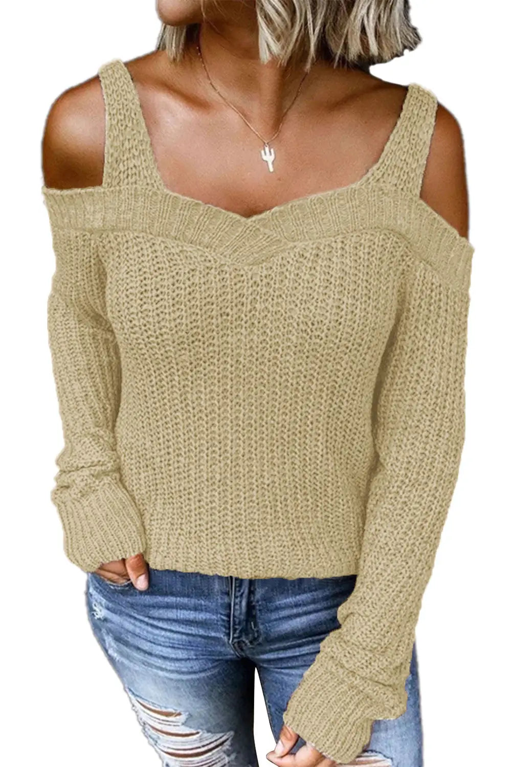 White dew shoulder knitted sweater - sweaters & cardigans
