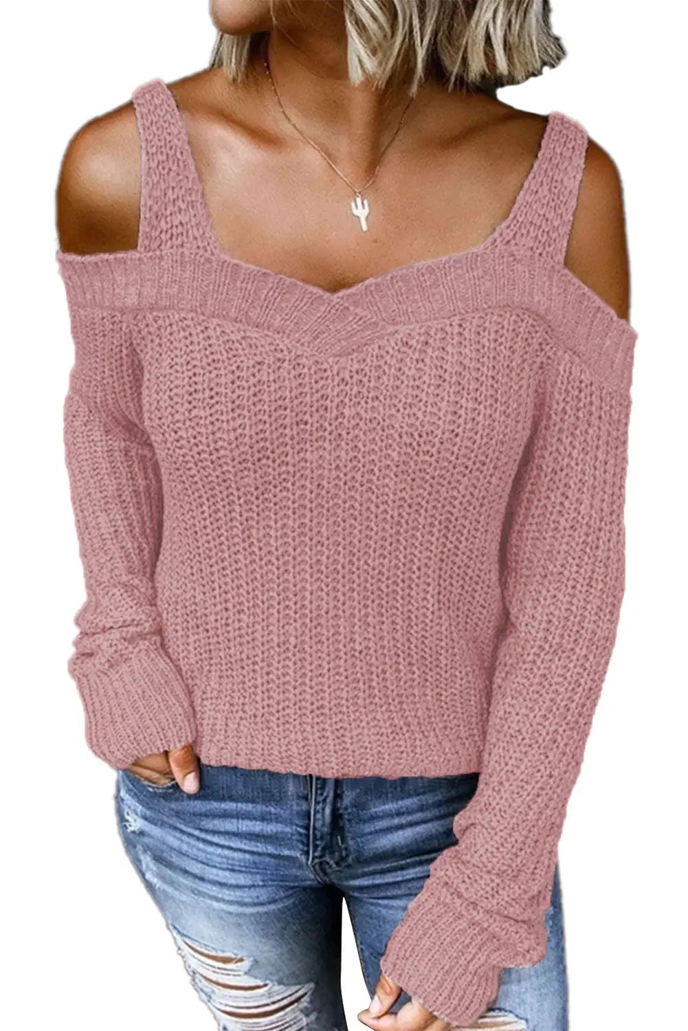 White dew shoulder knitted sweater - sweaters & cardigans