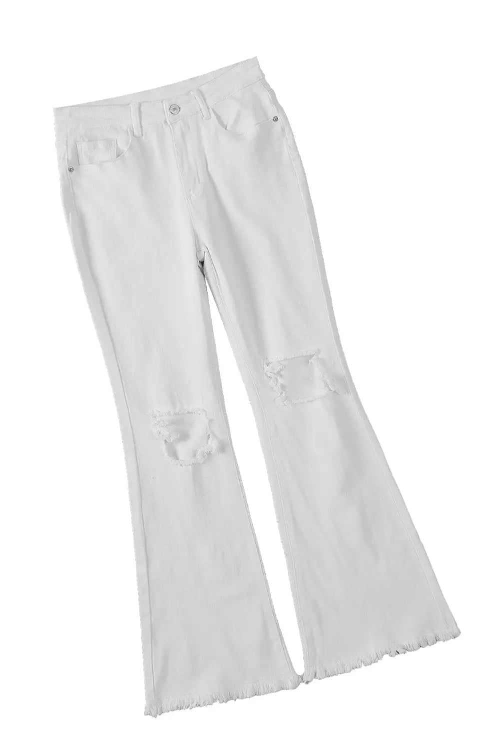 White distressed hollow - out knee frayed flare jeans