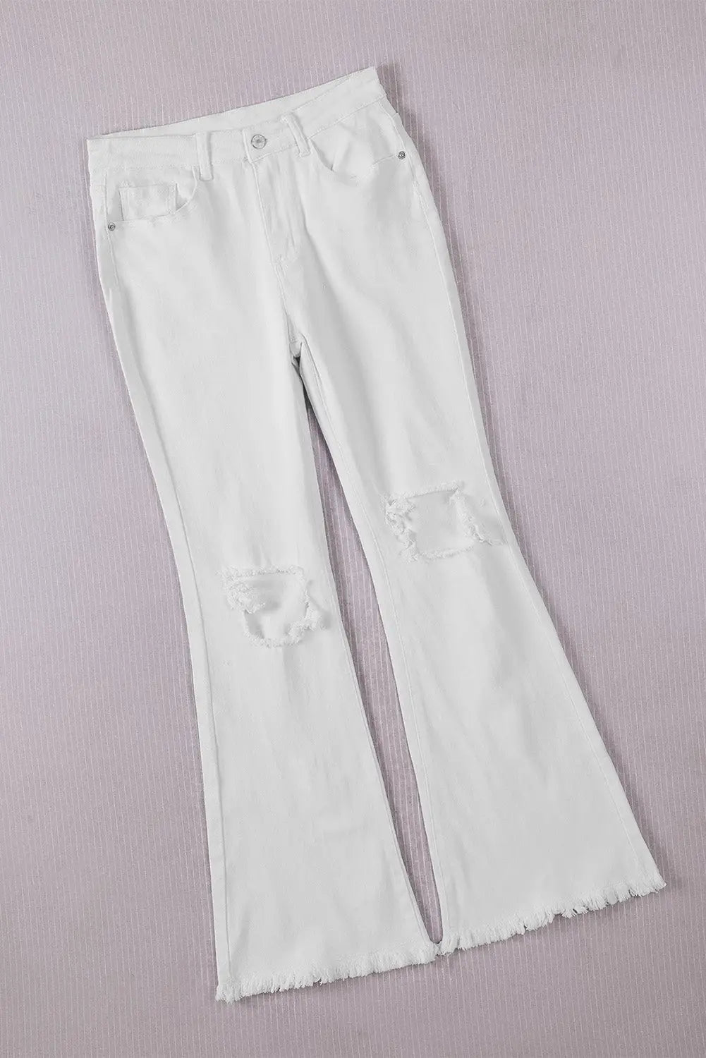 White distressed hollow - out knee frayed flare jeans