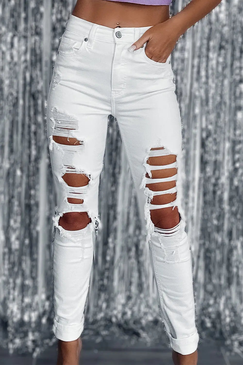 White distressed ripped holes high waist skinny jeans - 6 / 95% cotton + 5% elastane - bottoms