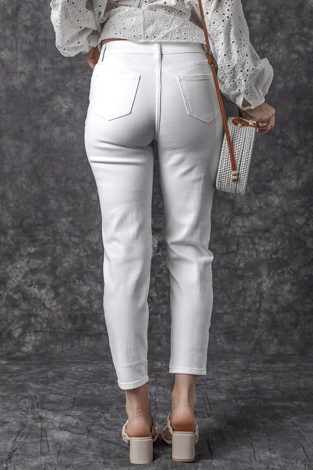 White distressed ripped holes high waist skinny jeans - bottoms