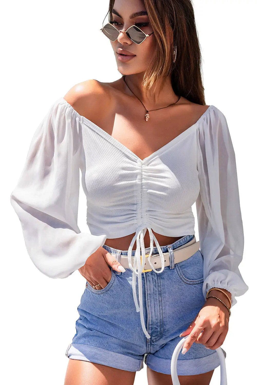 White drawstring front sheer puff sleeve crop top - tops