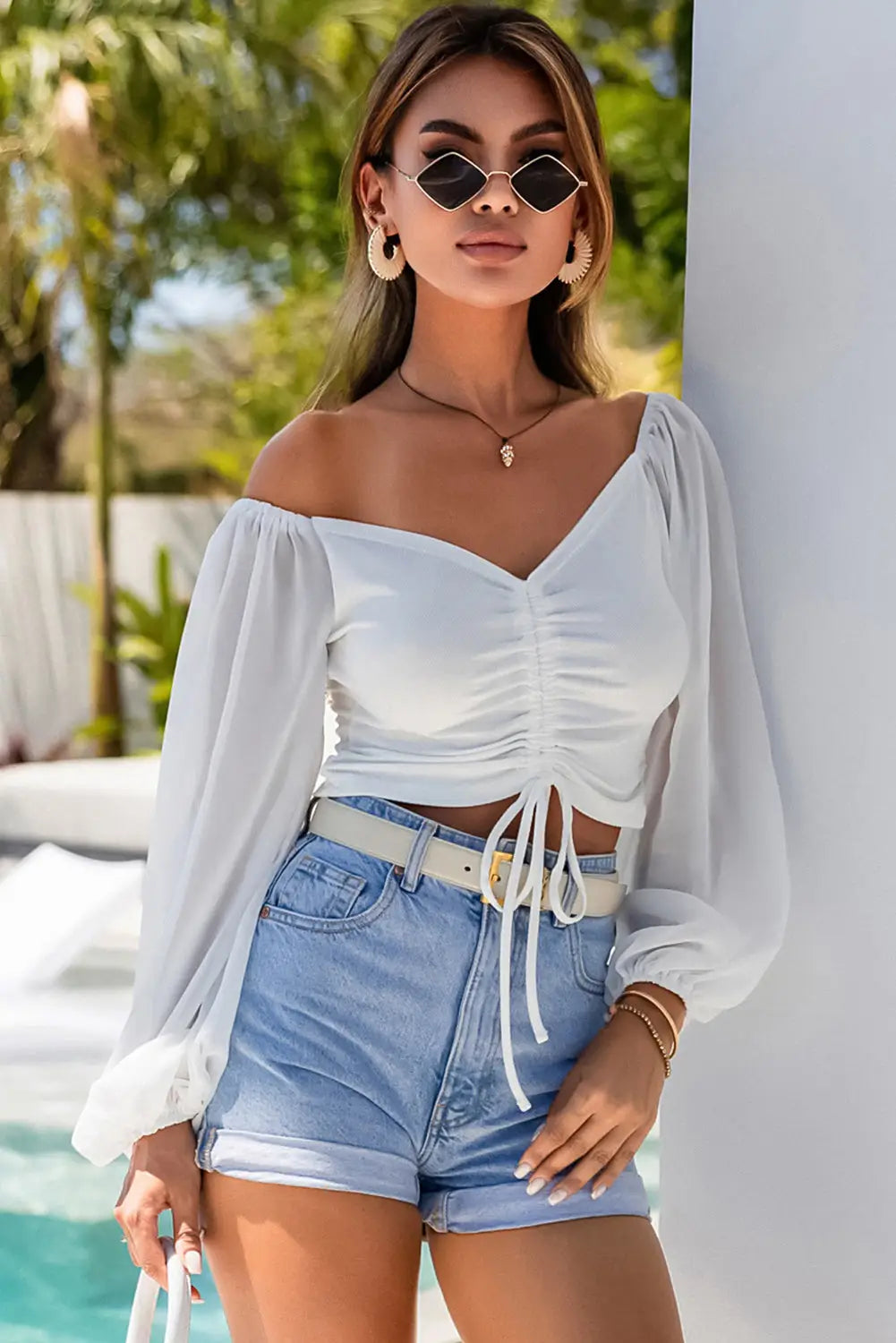White drawstring front sheer puff sleeve crop top - tops