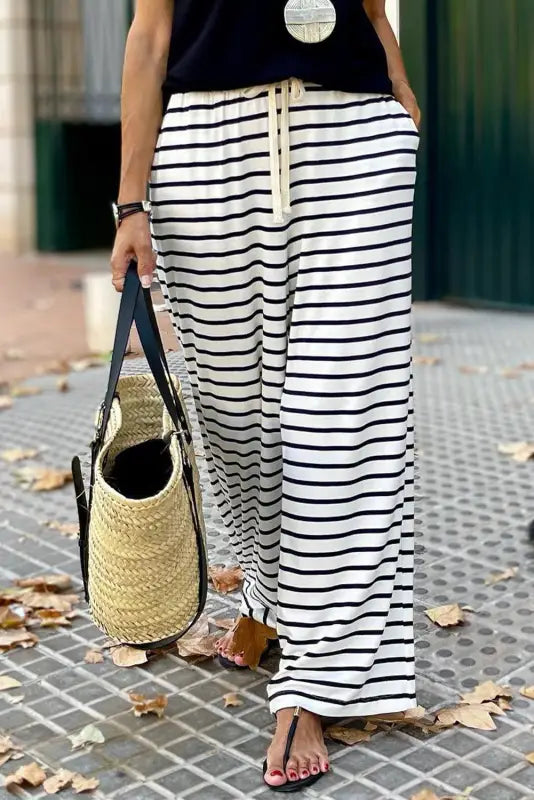 White drawstring striped wide leg pants - s / 85% polyester + 10% cotton + 5% elastane