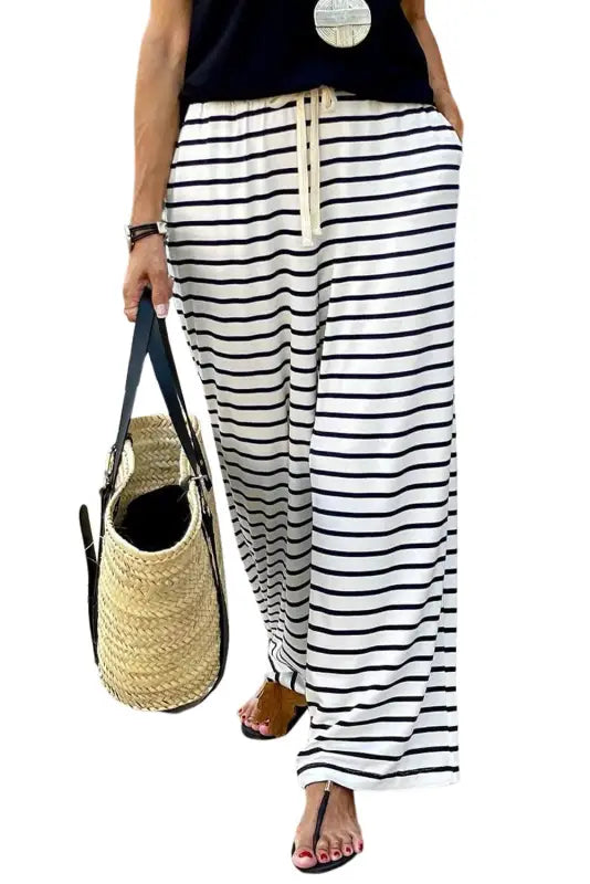 White drawstring striped wide leg pants