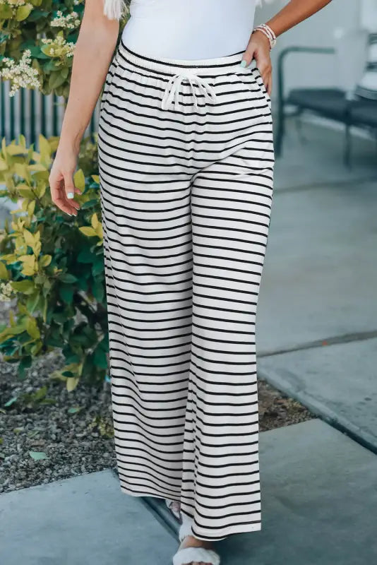 White drawstring striped wide leg pants