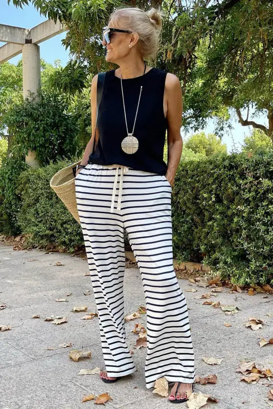 White drawstring striped wide leg pants