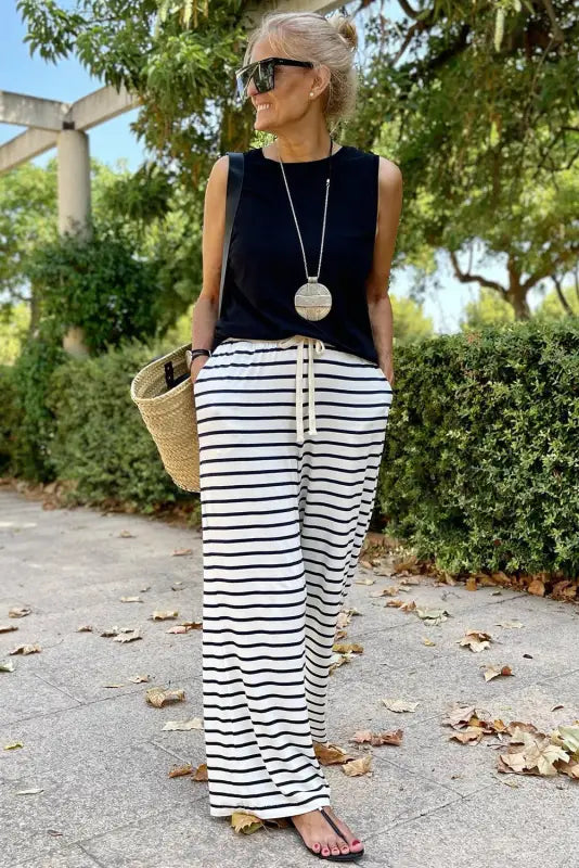 White drawstring striped wide leg pants