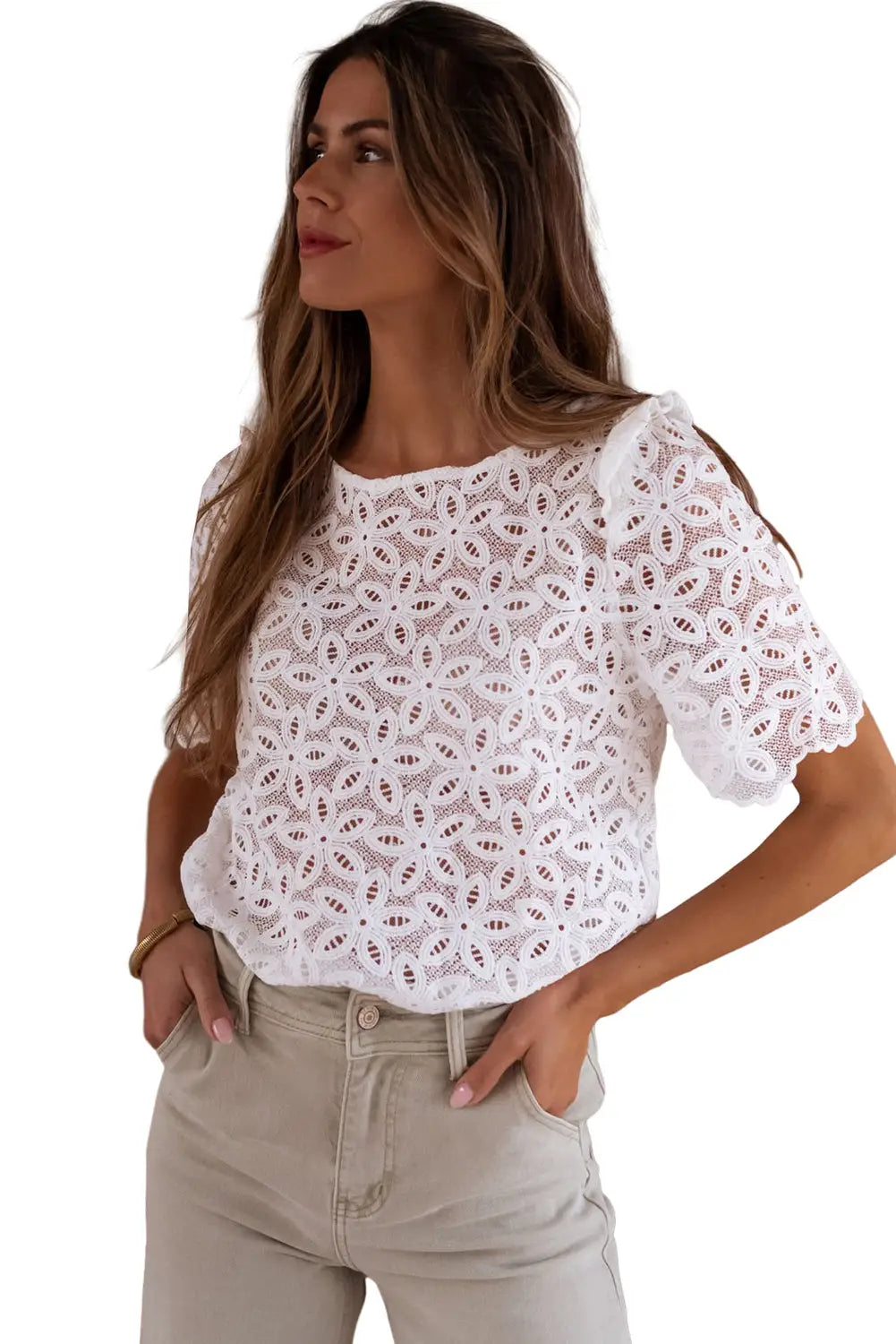 White elegant flower embroidery hollowed blouse - blouses & shirts