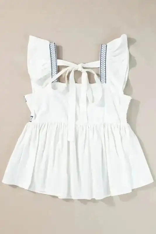 White Embroidered Bust Square Neck Peplum Blouse - Fashionfitz