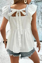 White Embroidered Bust Square Neck Peplum Blouse - Fashionfitz