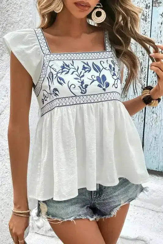 White Embroidered Bust Square Neck Peplum Blouse - Fashionfitz