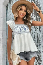 White Embroidered Bust Square Neck Peplum Blouse - Fashionfitz