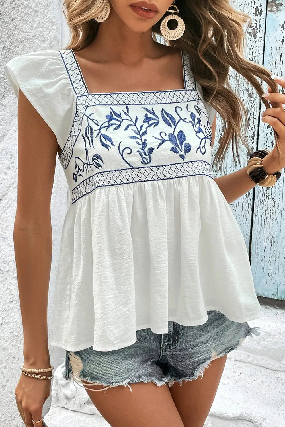White embroidered bust square neck peplum blouse - s / 100% cotton - tops/blouses & shirts