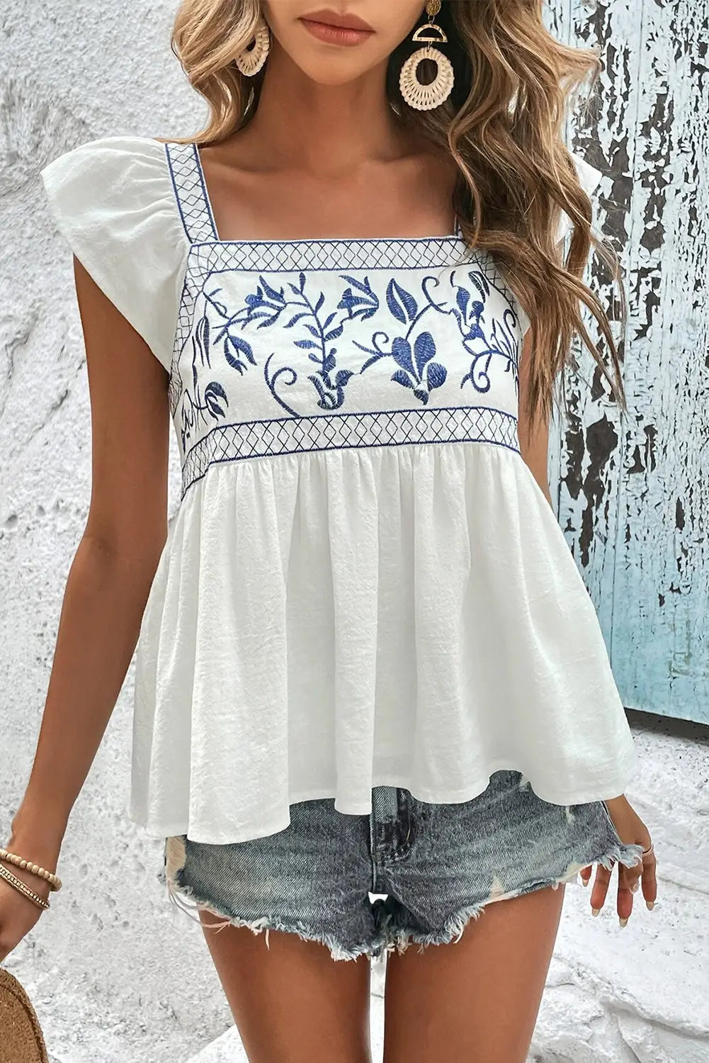 White embroidered bust square neck peplum blouse - tops/blouses & shirts