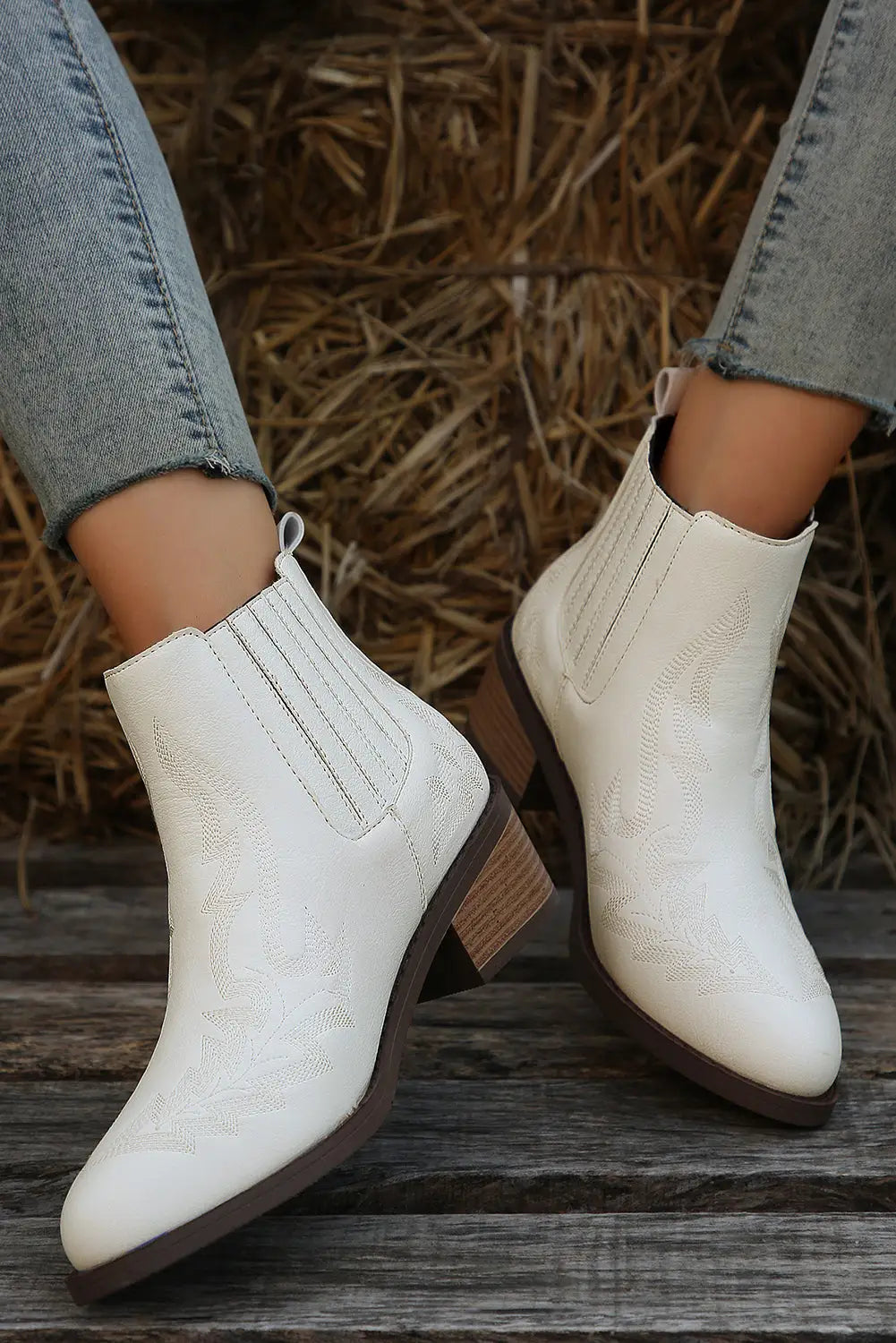 White embroidered leather thick heel booties - boots