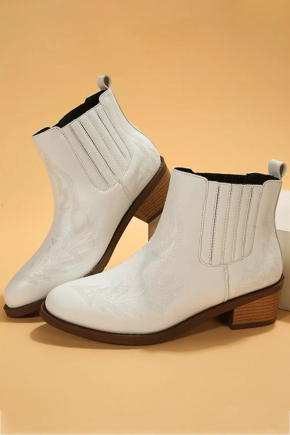 White embroidered leather thick heel booties - boots