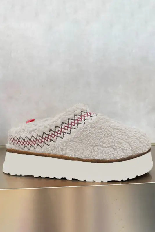 White embroidered sherpa plush thick sole winter slippers