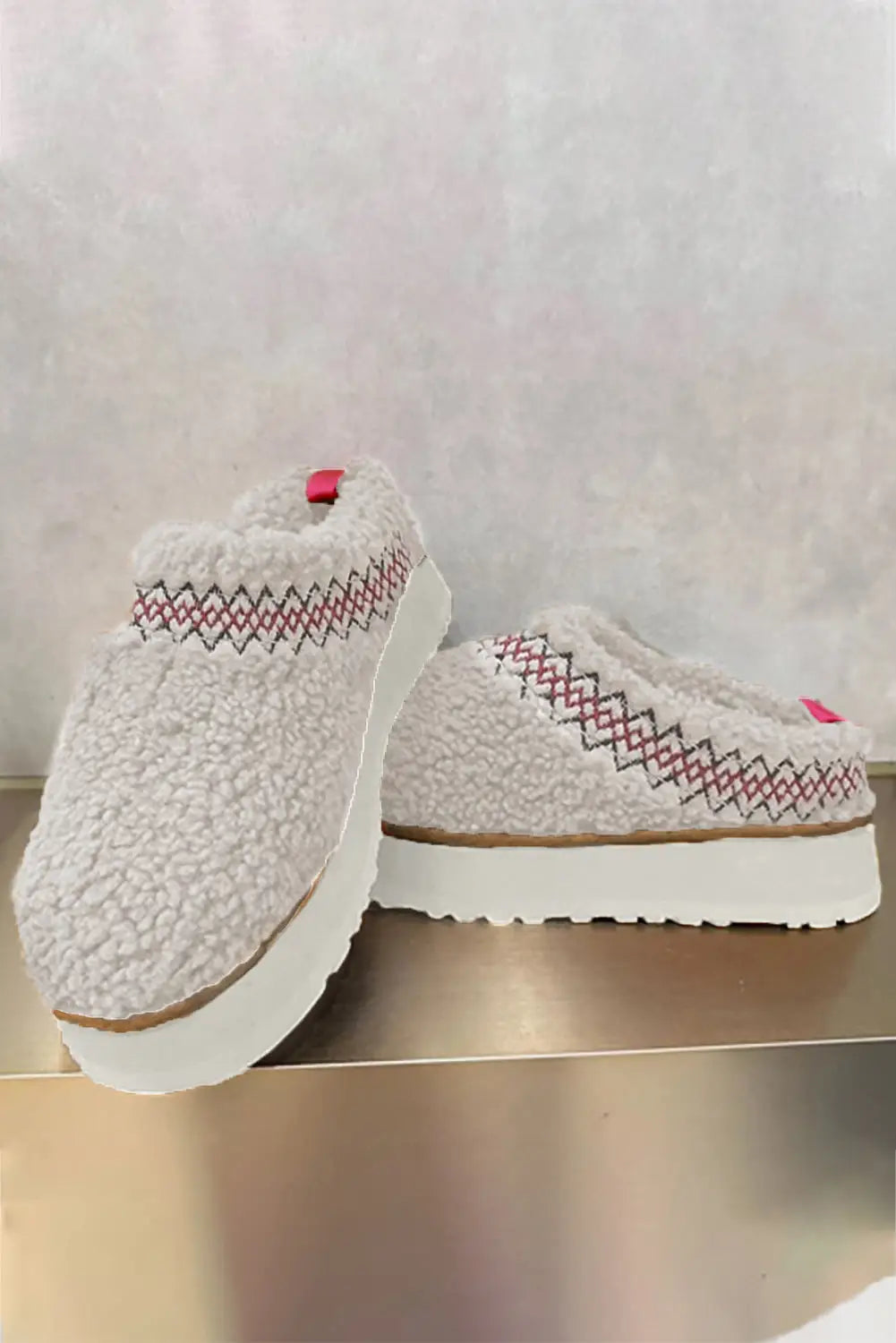 White embroidered sherpa plush thick sole winter slippers