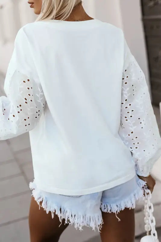 White embroidered sleeve blouse - blouses