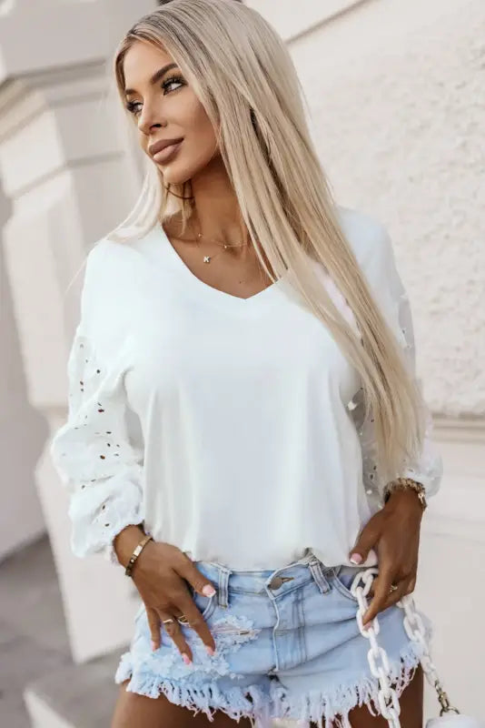 White embroidered sleeve blouse - blouses