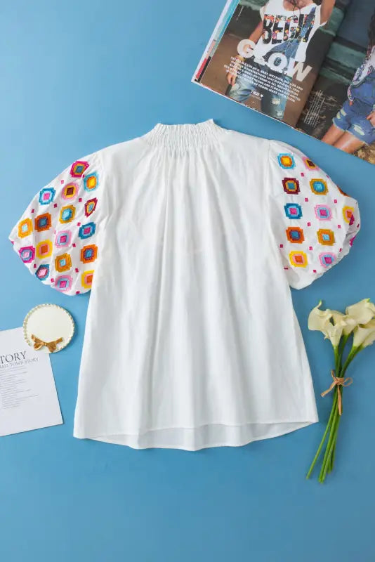 White embroidered smocked neck puff sleeve top - tops/tops & tees